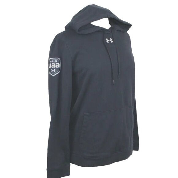 Under Armour Womens Medium Black Hustle Fleece Hooded Sweatshirt Girl UAA Patch - Picture 2 of 6